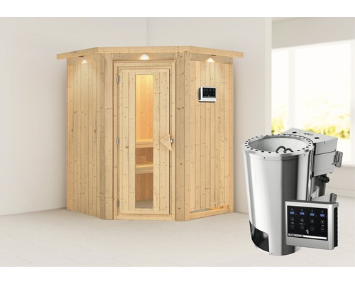 Plug & Play Sauna Karibu Achat II inkl. 3,6 kW Bio Ofen u.ext.Steuerung mit Dachkranz und Holztüre aus Isolierglas wärmegedämmt