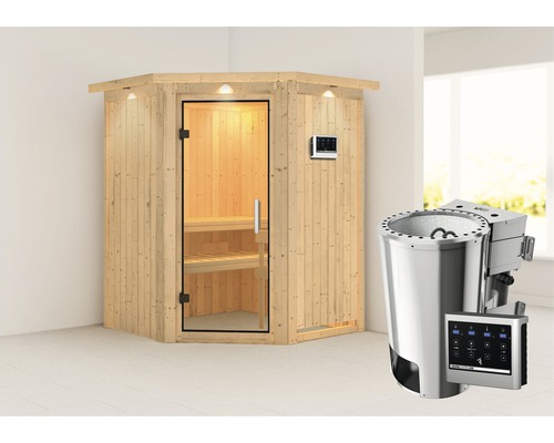 Plug & Play Sauna Karibu Achat II inkl. 3,6 kW Bio Ofen u.ext.Steuerung mit Dachkranz und Ganzglastüre aus Klarglas