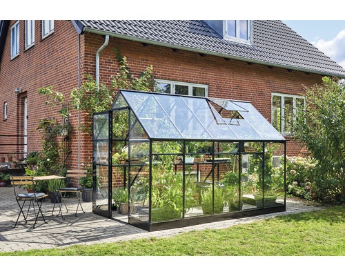 Gewächshaus Halls Qube 610 6,4 m² Sicherheitsglas 3 mm 198 x 321 cm schwarz Gewächshaus aus Glas und Metall im Garten