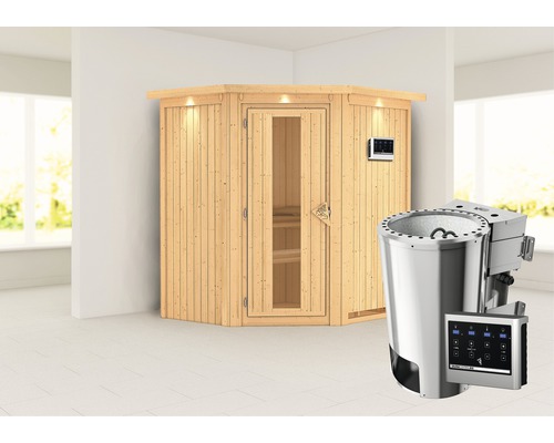 Plug & Play Sauna Karibu Achat III inkl. 3,6 kW Bio Ofen u.ext.Steuerung mit Dachkranz und Holztüre aus Isolierglas wärmegedämmt