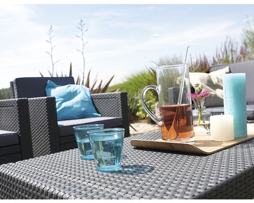 Gartensitzgruppe mit Tisch, Gläsern, Getränkekrug und Dekoration für den Außenbereich