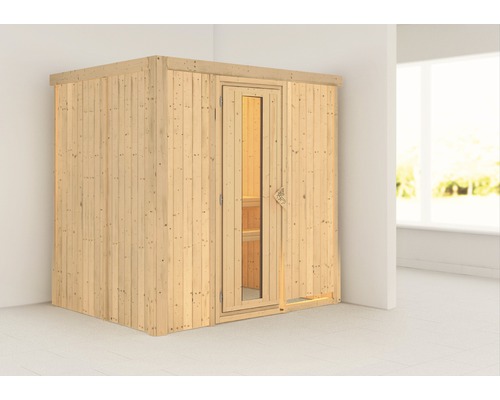 Plug & Play Sauna Karibu Wanja ohne Ofen und Dachkranz mit Holztüre und Isolierglas wärmegedämmt