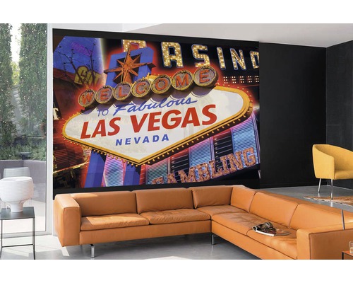 Wohnzimmer mit Fototapete Las Vegas Schild