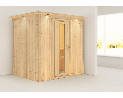 Plug & Play Sauna Karibu Wanja ohne Ofen mit Dachkranz und Holztüre mit Isolierglas wärmegedämmt