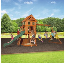 Spielplatzanlage aus Holz mit Rutsche, Schaukeln und Spielhaus für Kinder im Garten