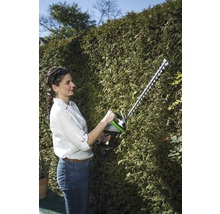 Frau schneidet Hecke mit einer Heckenschere.