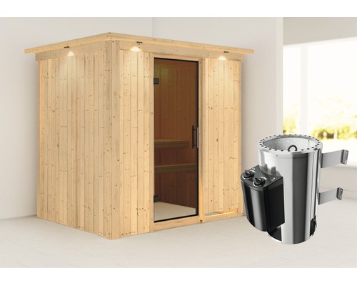 Plug & Play Sauna Karibu Wanja inkl. 3,6 kW Ofen u.integr.Steuerung mit Dachkranz und graphitfarbiger Ganzglastüre