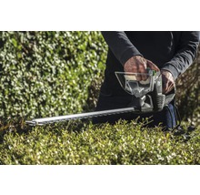 Eine Person schneidet eine Hecke mit einer Heckenschere.