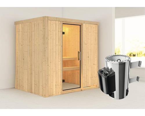 Plug & Play Sauna Karibu Wanja inkl. 3,6 kW Ofen u.integr.Steuerung ohne Dachkranz mit Ganzglastüre aus Klarglas