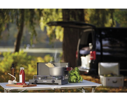 Szene im Freien mit einem Enders Gaskocher, Zutaten und Kochutensilien auf einem Tisch, mit einem Auto im Hintergrund.