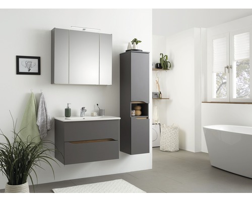 Helles Badezimmer mit Waschbeckenunterschrank, Spiegelschrank und Hochschrank in Grau