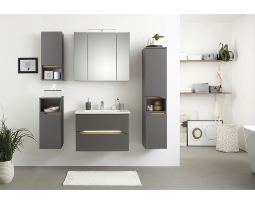 Badezimmer mit Waschbeckenunterschrank, Spiegelschrank und Hochschränken in Grau