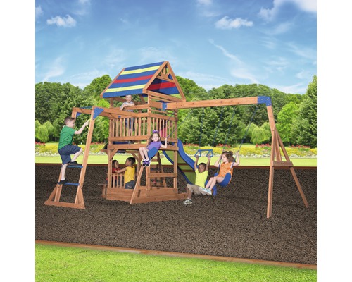 Spielturm Backyard DISCOVERY Northbrook Holz mit Sandkasten, Doppelschaukel, Kletterwand, Sitzbank, Rutsche blau