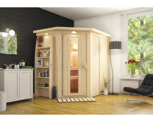 Plug & Play Sauna Karibu Achat IV inkl. 3,6 kW Ofen u.integr.Steuerung mit Dachkranz und Holztüre aus Isolierglas wärmegedämmt