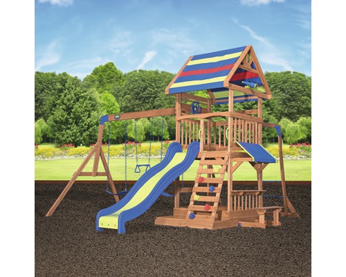 Spielplatz mit Schaukel, Rutsche, Kletterwand und Picknicktisch