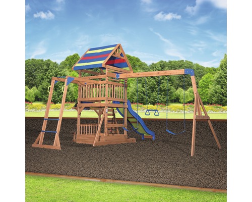 Spielplatz aus Holz mit Schaukel, Rutsche und Klettergerüst für den Garten