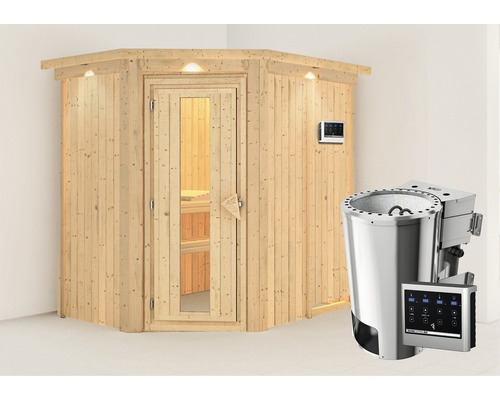 Plug & Play Sauna Karibu Achat IV inkl. 3,6 kW Bio Ofen u.ext.Steuerung mit Dachkranz und Holztüre aus Isolierglas wärmegedämmt