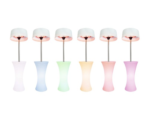 Sechs Heizstrahler mit Tisch in verschiedenen Farben