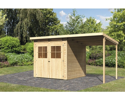 Gartenhaus Karibu Glücksburg inkl. Schleppdach Unterkonstruktion 397 x 217 cm Holzgartenhaus mit Doppeltür und Vordach im Garten