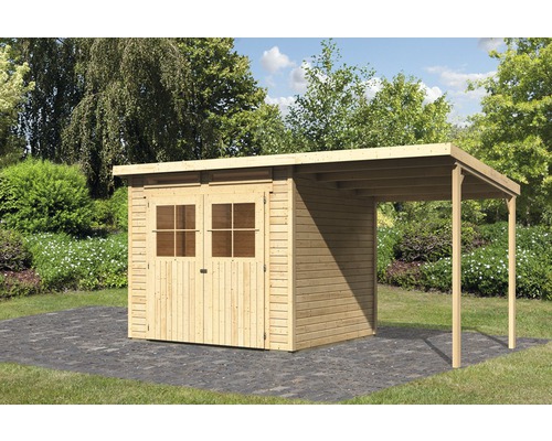 Gartenhaus Karibu Glücksburg inkl. Schleppdach Unterkonstruktion 426 x 217 cm Holzgartenhaus mit Vordach im Garten