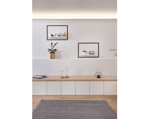 Wohnzimmer mit Holzfußboden, grauem Teppich, Sideboard und Wandregalen