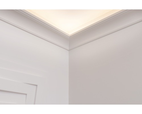 Wand- und Deckenansicht mit Zierleisten und indirekter Beleuchtung