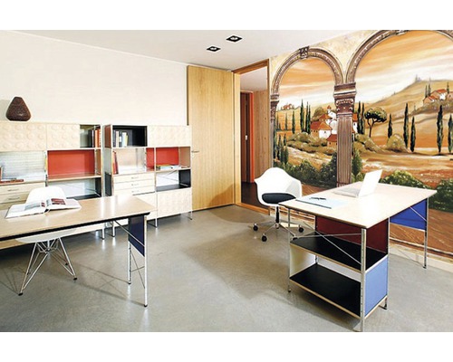 Bürogestaltung mit Regalsystem, Schreibtisch und Wandbild