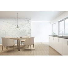 Heller Essbereich mit Esstisch, Stühlen, Pendelleuchte und Küchenzeile.