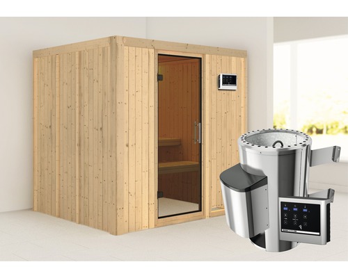 Plug & Play Sauna Karibu Maria inkl. 3,6 kW Ofen u.ext.Steuerung ohne Dachkranz mit graphitfarbiger Ganzglastüre