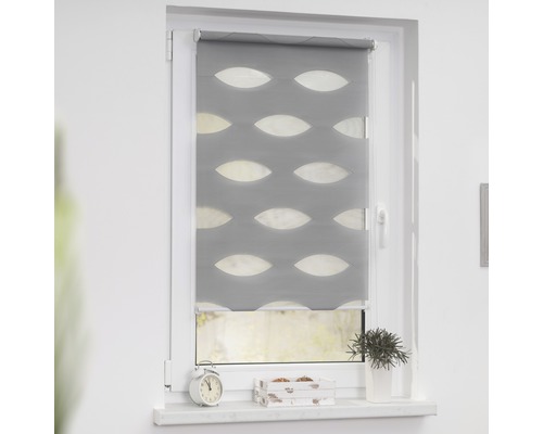 Graues Duo Rollo am Fenster mit sich wiederholendem Muster