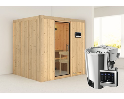 Plug & Play Sauna Karibu Maria inkl. 3,6 kW Bio Ofen u.ext.Steuerung ohne Dachkranz mit Ganzglastüre aus Klarglas