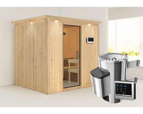 Plug & Play Sauna Karibu Achat VIII inkl. 3,6 kW Ofen u.ext.Steuerung mit Dachkranz und Ganzglastüre aus Klarglas