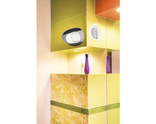 Badezimmeransicht mit integriertem Toilettenpapierhalter und Lüfter