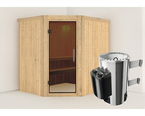 Plug & Play Sauna Karibu Silja inkl. 3,6 kW Ofen u.integr.Steuerung ohne Dachkranz mit graphitfarbiger Ganzglastüre