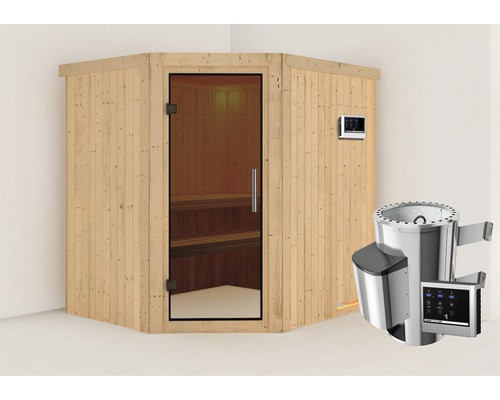 Plug & Play Sauna Karibu Silja inkl. 3,6 kW Ofen u.ext.Steuerung ohne Dachkranz mit graphitfarbiger Ganzglastüre