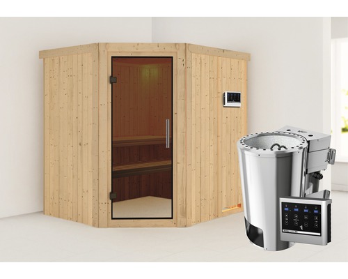 Plug & Play Sauna Karibu Silja inkl. 3,6 kW Bio Ofen u.ext.Steuerung ohne Dachkranz mit graphitfarbiger Ganzglastüre
