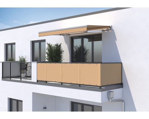 SOLUNA Balkonverkleidung H:95 cm Dessin 0034 (Meterware) Balkon mit Sichtschutz, Markise und Bepflanzung.