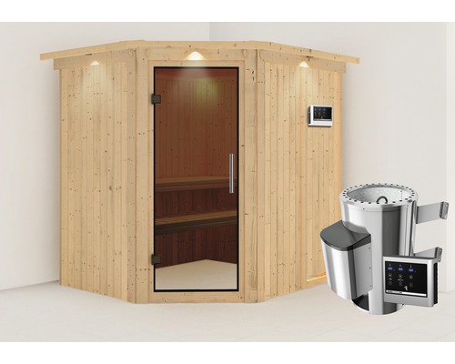 Plug & Play Sauna Karibu Achat VII inkl. 3,6 kW Ofen u.ext.Steuerung mit Dachkranz und graphitfarbiger Ganzglastüre