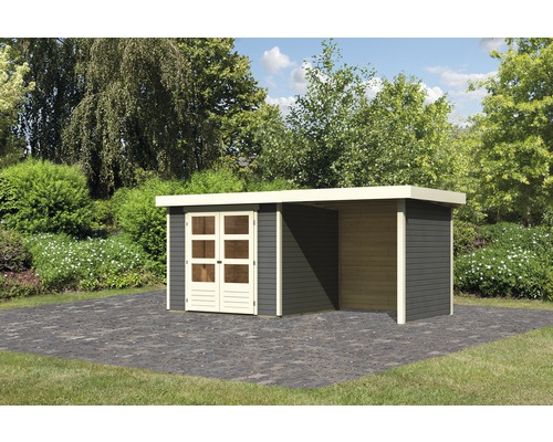 Gartenhaus Karibu Kodiak 3 mit Anbau, Rück- und Seitenwand 508 x 238 cm terragrau Gartenhaus mit Doppeltür und seitlichem Unterstand im Garten