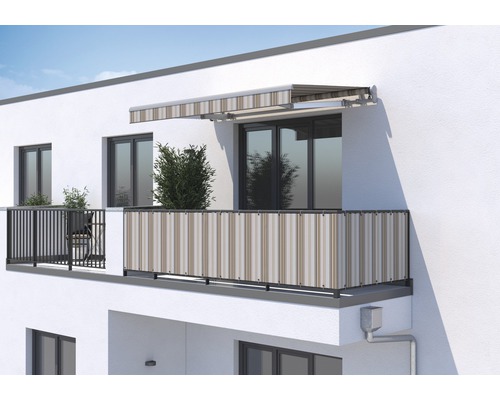 SOLUNA Balkonverkleidung H:95 cm Dessin 6171 (Meterware) Balkon mit Markise und Sichtschutz in gestreiftem Design am Mehrfamilienhaus