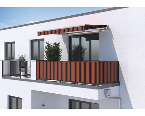 SOLUNA Balkonverkleidung H:75 cm Dessin 6363 (Meterware) Balkon mit Sichtschutz und Markise an einem Wohnhaus