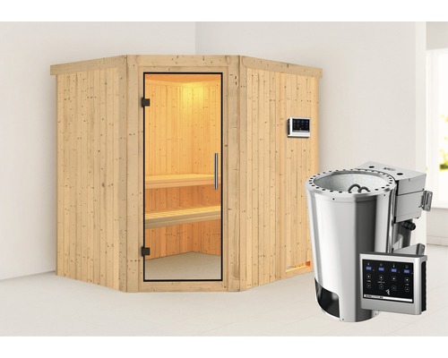 Plug & Play Sauna Karibu Silja inkl. 3,6 kW Bio Ofen u.ext.Steuerung ohne Dachkranz mit Ganzglastüre aus Klarglas
