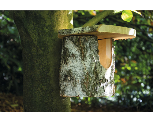 Vogelhaus aus Birkenholz am Baum befestigt