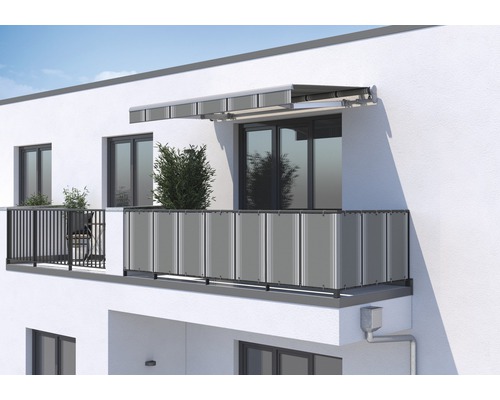 SOLUNA Balkonverkleidung H:115 cm Dessin A131 (Meterware) Gebäudeansicht mit Balkon, Balkonverkleidung und Markise