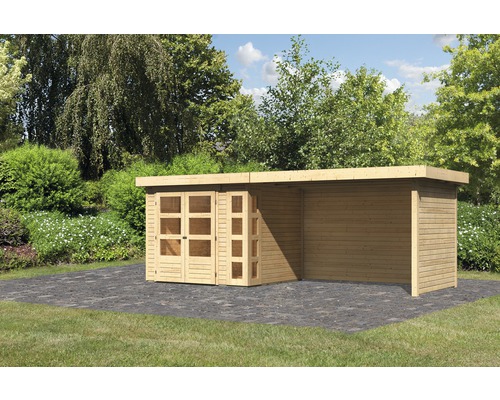 Gartenhaus Karibu Naomi 3 mit seitlichem Anbau 2,8 m und Seiten- und Rückwand 528,5 x 238 cm natur