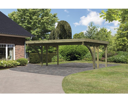 Doppelcarport Karibu Pluwig 1 Variante C 598x480 cm kesseldruckimprägniert Holzcarport im Außenbereich mit gepflasterter Einfahrt