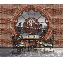 Fototapete mit Backsteinmauer, Fensterrosette und Blick auf New York mit Tisch und Stühlen
