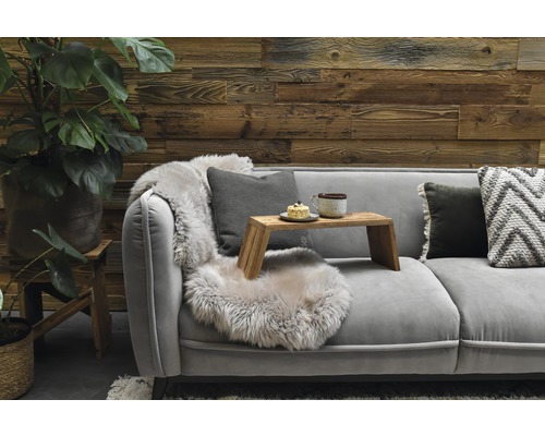 Wohnzimmer mit grauer Couch, Holzwand, Tablett, Kissen und Zimmerpflanzen für eine gemütliche Atmosphäre