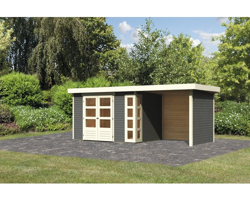 Gartenhaus Karibu Naomi inkl. Schleppdach Unterkonstruktion 526 x 217 cm terragrau Gartenhaus mit Doppeltür und Anbau im Garten