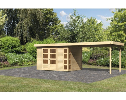 Gartenhaus Karibu Naomi 4 mit seitlichem Anbau 2,8 m 591,5 x 238 cm natur